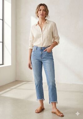 J Jill High Rise Straight Leg Jeans Women Size 4P Blue Denim Cropped Frayed Hem